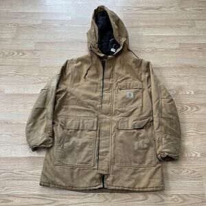 Carhartt Coat Mens XL Brown Duck Canvas Hooded Quilted Lined Workwear Parka